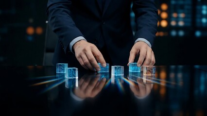 Businessman Arranging Glowing Blue Cubes on a Futuristic Desk.