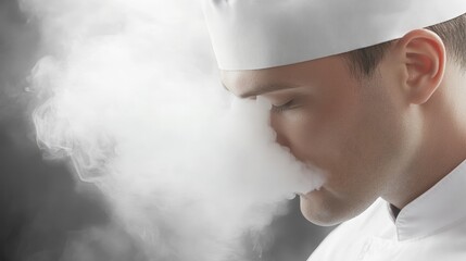 A man in a chef's hat is smoking a cigarette while steam rises from his mouth. Concept of relaxation and indulgence, as the man takes a break from cooking to enjoy a cigarette