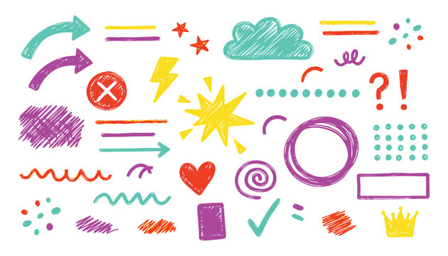 Colorful doodle sketch element set isolated on transparent background. Child drawings. Pencil crayon chalk texture on transparent background