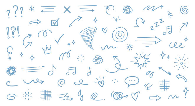Hand drawn cute doodle line icon set. Line movement effect element, cartoon emotion effect decoration icon on transparent background