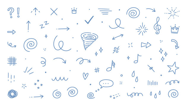 Hand drawn cute doodle line icon set. Line movement effect element, cartoon emotion effect decoration icon on transparent background