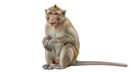 Longtailed macaque monkey sitting on a white background.