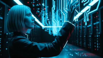 Woman interacts with holographic data in futuristic server room. Engineer touches digital interface with neon circuits. Woman works in data center with holographic technology. Future tech display. - Powered by Adobe