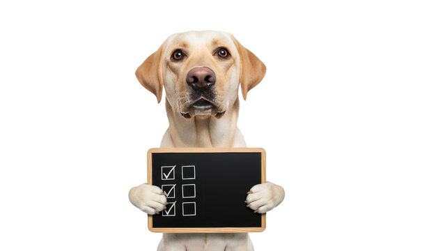 Labrador dog holding a chalkboard with a checklist.