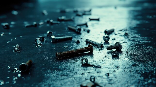 Collection of rusted industrial fasteners and bolts scattered on a wet surface