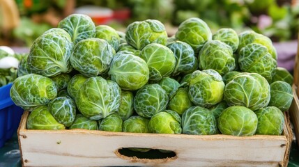 Freshly picked green Brussels sprouts tightly packed together