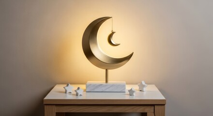 Modern Crescent Moon Lamp on Bedside Table with Decorative Figurines.