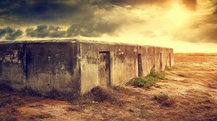 Imposing reinforced concrete observation post structure with weathered facade and doorways against a cloudy sky
