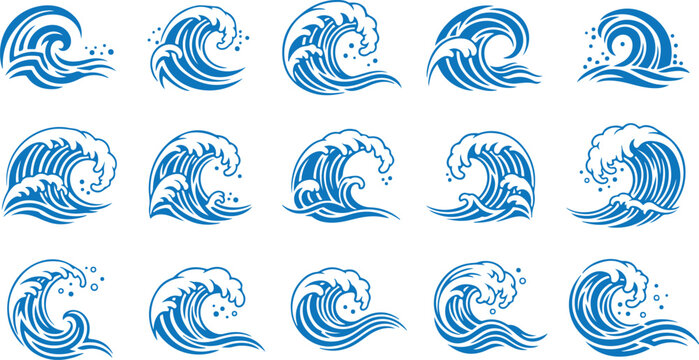 Water splash silhouettes set vector illustration. Blue stamps of ocean or sea wave with splatters and water spray, falling droplets of fountain and circle ripples, ink or paint