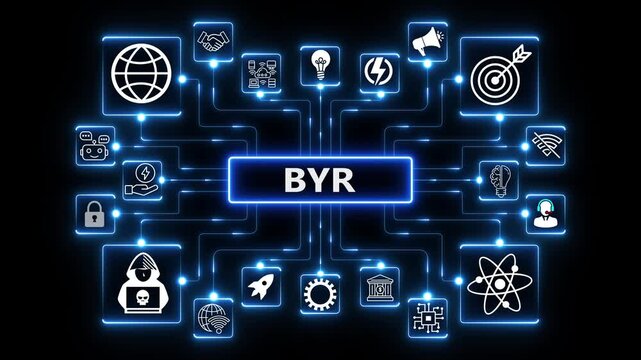 BYR Module Concept Digital Network Dashboard with Futuristic Neon Blue Tech Icons and Enterprise HUD Interface