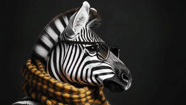 Dressed up zebra wearing trendy sunglasses and a cozy scarf turning its head on a dark background