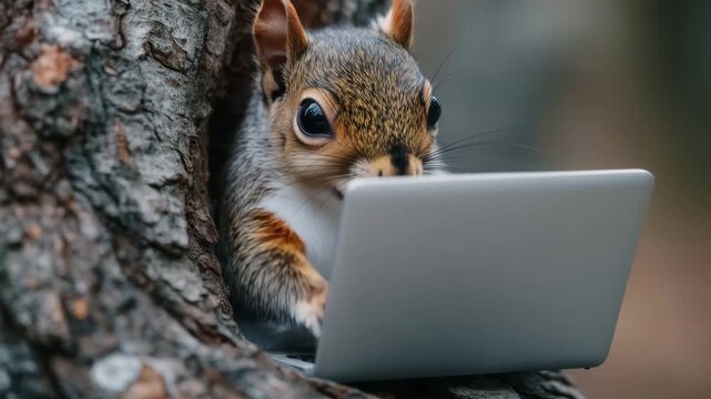 Funny squirrel with big eyes sitting by a tree and working on a small portable computer