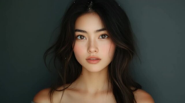 Serene young asian woman with perfect skin looking at the camera against a gray background