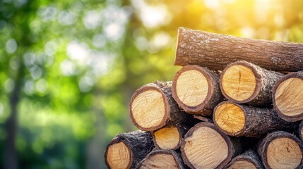 Pile of rough hewn logs and branches stacked outdoors in sunlight