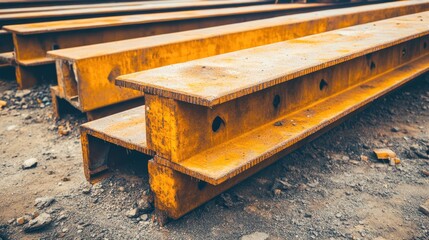 Piled structural steel beams and industrial metal components sit outdoors on the ground