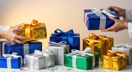 Assortment of Colorful Gift Boxes with Ribbons Being Exchanged.
