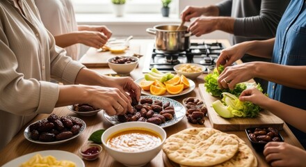 Group of people preparing a meal together with various dishes.