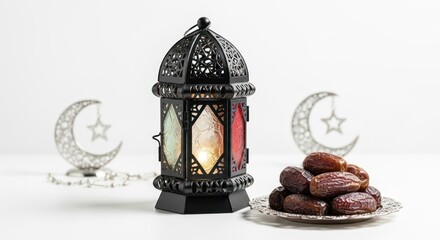 Decorative lantern with dates and crescent moon ornaments for Ramadan.