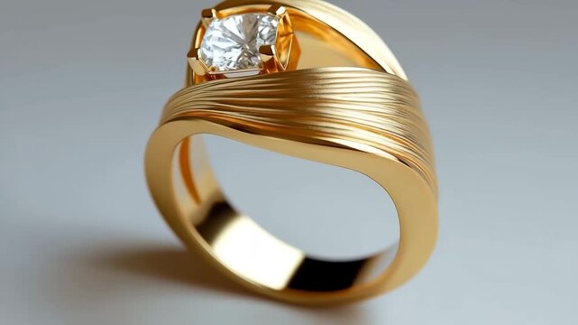 Elegant gold ring with a brilliant diamond rotating on a gray background, showcasing its design