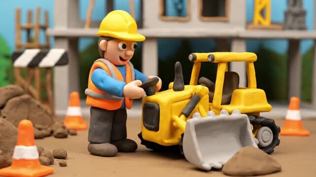 Claymation Construction Worker Operating Bulldozer Stop Motion