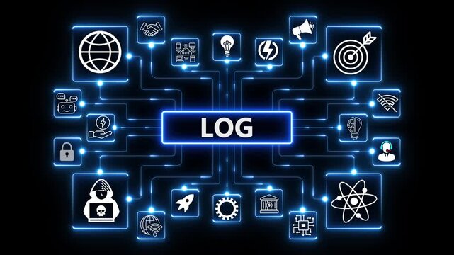 Log Management Concept Digital Network Dashboard with Futuristic Neon Blue Tech Icons and System Monitoring Interface