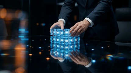 Businessman Holding a Glowing Cube of Digital Data and Technology.