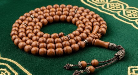 Traditional wooden prayer beads on a green patterned cloth.