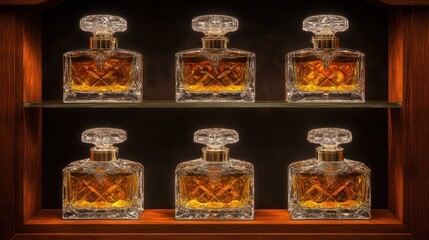 Six Luxurious Perfume Bottles Displayed Elegantly on a Tiered Shelf