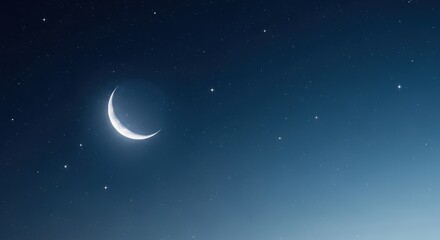 Crescent moon in the night sky with stars.
