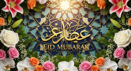 Eid Mubarak Greeting Card with Floral Ornaments and Islamic Calligraphy.