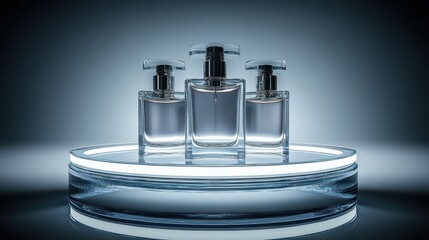 Three perfume bottles displayed on a glowing circular shelf