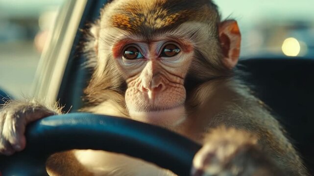 Small macaque monkey sitting in a driver's seat and pretending to drive a modern car