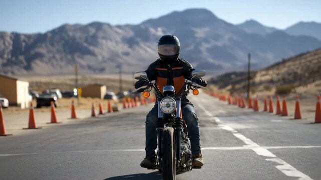 Motorcyclist riding on an asphalt road in a desert landscape during a motorcycle riding lesson