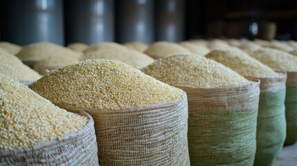 Woven baskets overflowing with grain in a storage facility