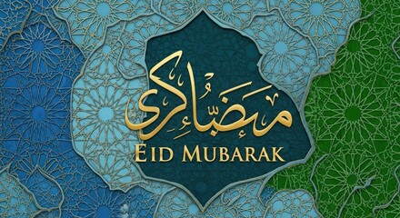 Eid Mubarak Islamic Greeting Card with Arabic Calligraphy and Ornate Patterns.