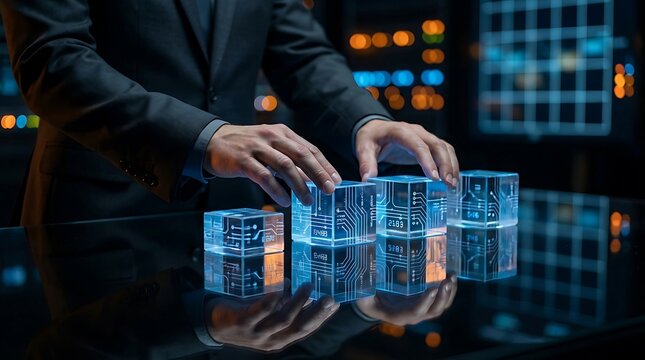 Businessman Interacting with Futuristic Holographic Data Cubes. - Powered by Adobe