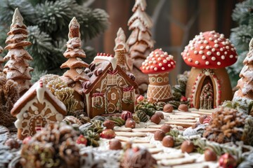 Naklejka premium Delicious gingerbread village with houses, trees, and mushrooms creating a festive and enchanting christmas scene
