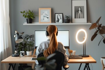 Woman with headphones working remotely at home office desk. Online business, education, or content creation.