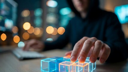 Cybercriminal Hacker Using Futuristic Glowing Blocks for Digital Crime.