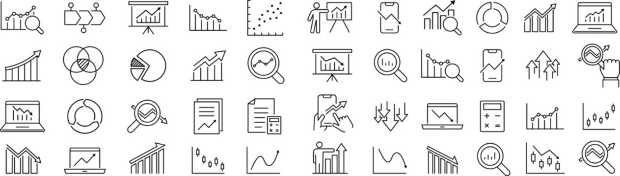 ベクターでモノクロの統計に関する線画アイコンセット
