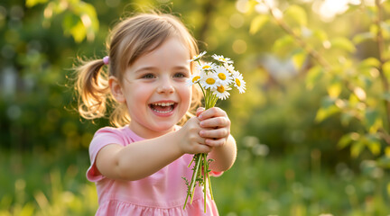 Happy little girl offering a bunch of daisy flowers in a sunny garden. Cute child smiling and holding a bouquet in nature during spring
