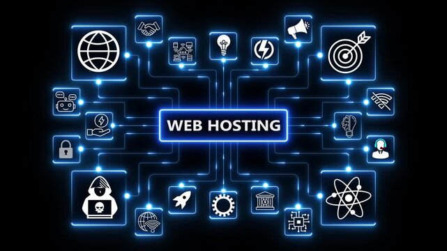 Internet, business, Technology and network concept. Web Hosting. The activity of providing storage space and access for websites.4K black background visuals