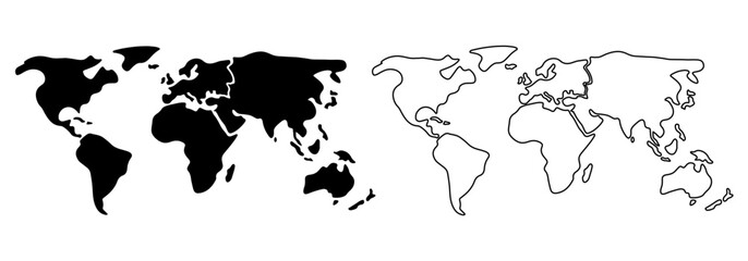 Simplified vector of a world map. World map in a simple minimalistic form.Low detailed. Simple black outline, Solid simple style. Black and white map. Vector illustration editable.  © cmmedia99