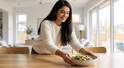 Smiling woman placing a fresh salad bowl on a wooden table. Healthy eating and lifestyle concept in a bright modern home. Nutritious meal preparation with copy space