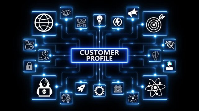 Customer Profile Concept Digital Network Dashboard with Futuristic Neon Blue Tech Icons and CRM Data Analytics Interface