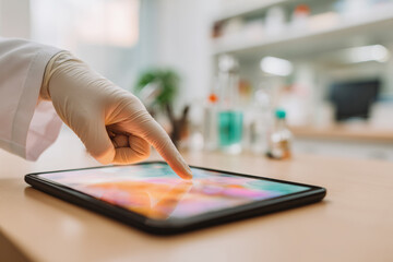 Close up of a gloved hand taps a tablet on a lab bench with glassware blurred in the background. Concept: digital health interfaces, lab automation, and infection control visuals for education 