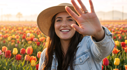 Happy young woman in a straw hat posing in a tulip field. Smiling female traveler in denim jacket holding hand up to camera at sunset. Spring floral meadow background
