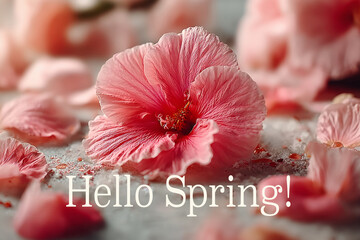 Pink spring flower with scattered petals sits on a dreamy surface, rich texture and warm bokeh framing the centered greeting text hello spring for seasonal messaging. Concept: cheerful seasonal cards