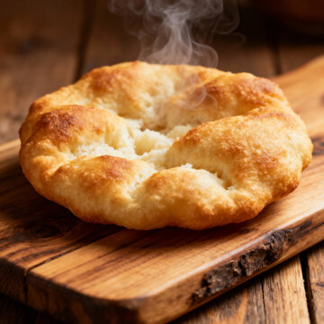 Freshly baked bannock bread on wooden cutting board with steam  