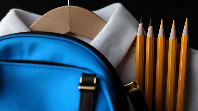 Transition from school uniform to backpack and pencils symbolizing educational journey